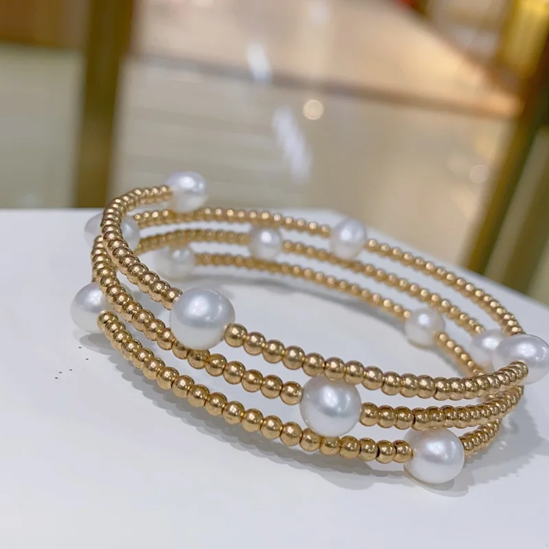 

SGARIT Fine Jewelry Elegant 14k Filled Gold Bangle Fresh Water Pearl Beaded Bangles for Women Party