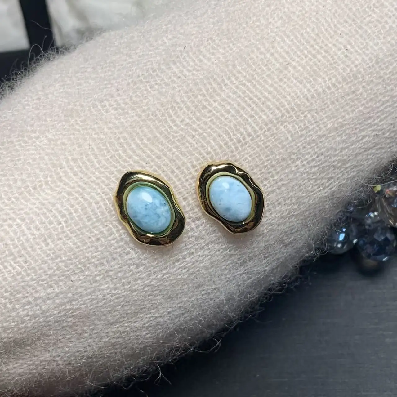 

GOLD Authentic Natural Larimar 925 Sterling Silver Stud Earrings for women Jewelry Gift blue gem jewelry Genuine stone