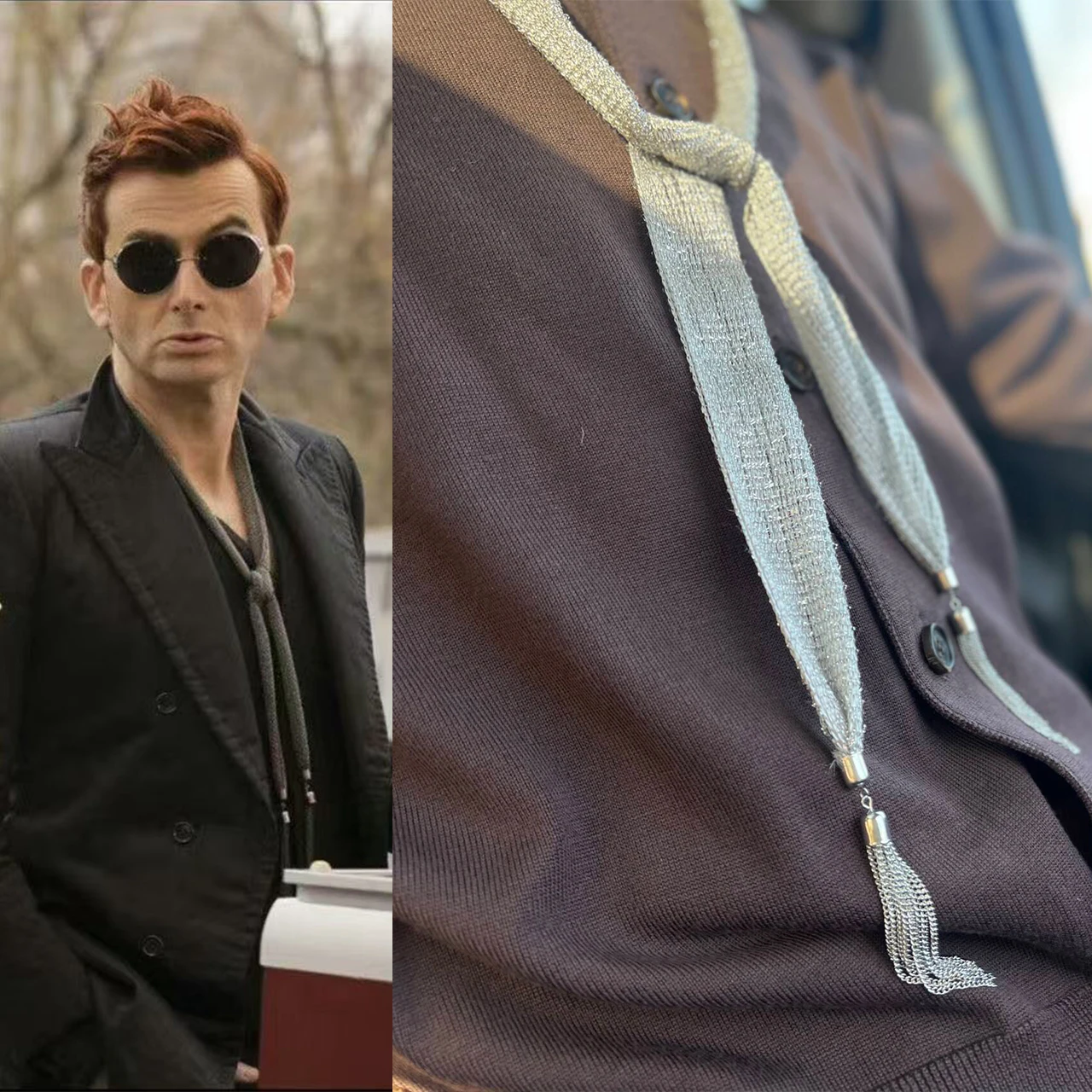 جيد البشائر كراولي تأثيري الفضة التعادل وشاح ديفيد Tennant الأصلي JK التعادل ربطة العنق اكسسوارات هالوين حزب الدعامة هدية