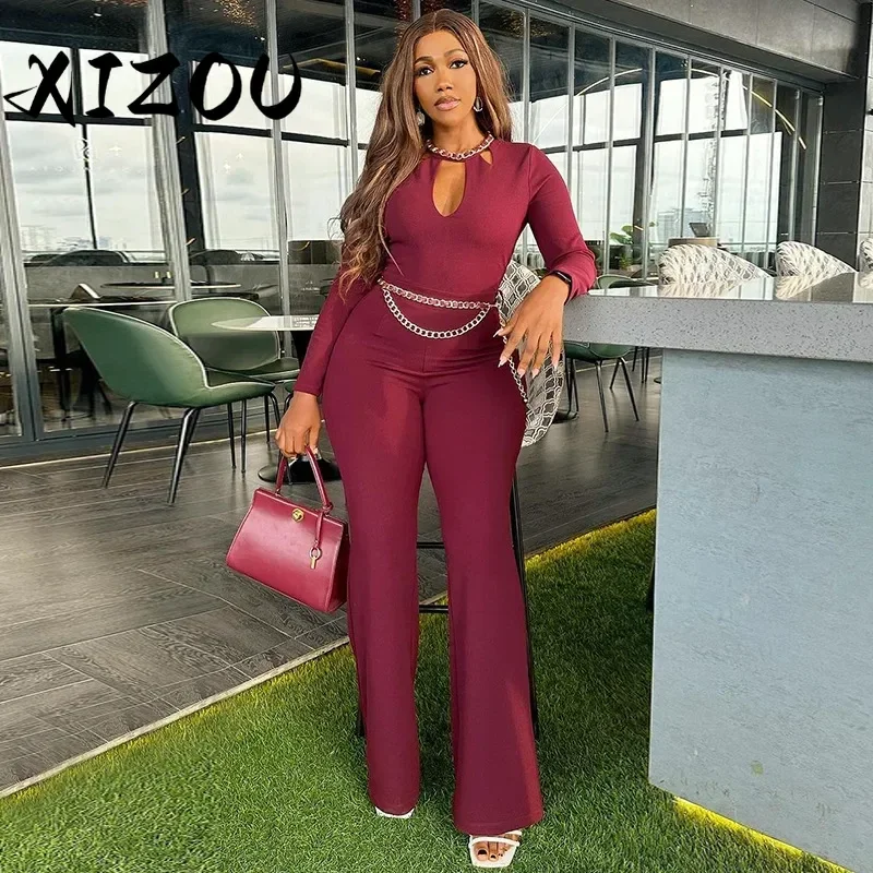 

XIZOU Claret Jumpsuit Women Elegance Hollow Out Long Sleeve Overalls Slim Fit Wide Leg Pants Woman One Piece Jumpsuits 2024