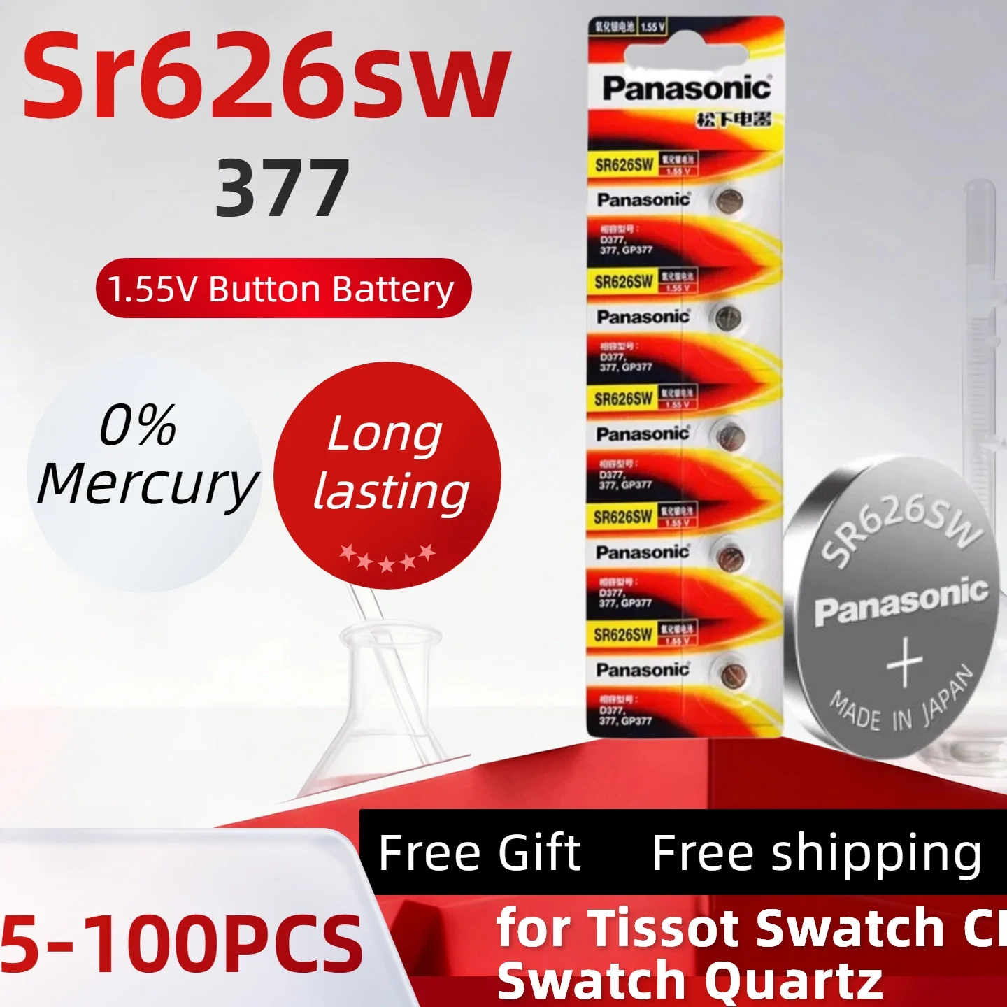 Panasonic Sr626sw 377 Watch Battery 1.55V 377 Button Battery Is Suitable for Tissot Swatch CK Swatch Quartz Watch Silver Oxide