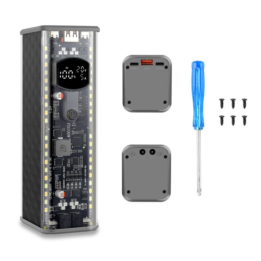 PD 100W Transparent Power Bank Case Solder‑Free 8 Slot 21700 Battery Holder DC3.3‑24V Adjustable Voltage LED SOS Light DIY Shell