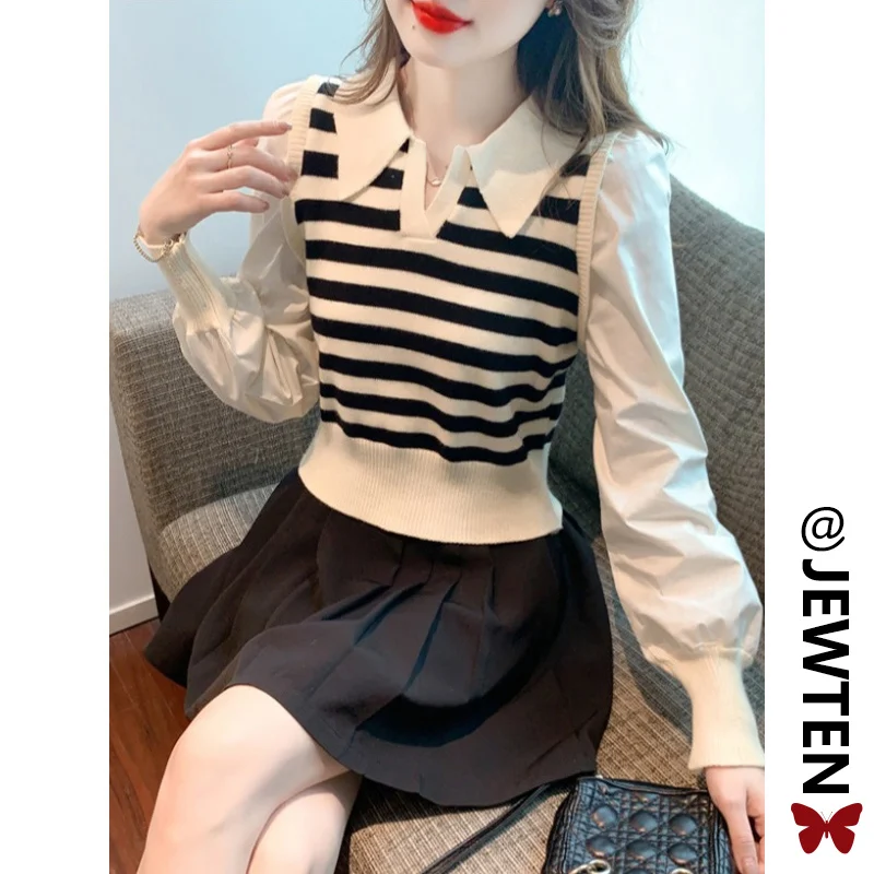 

Spring Autumn Winter Knitted Stripe Base Layer Shirt Women's Fashion Small Fragrance Style Inner Wear Sweater Casual Korean V...