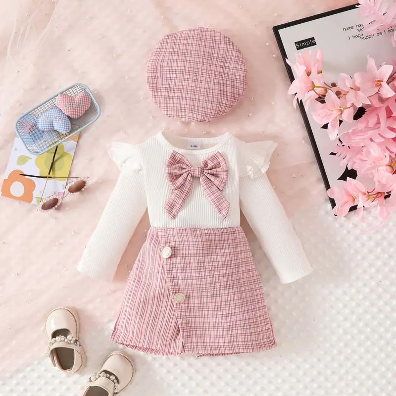 Baby Girl Set 1-3 Years Infant Outfits Pit Stripe Fly Sleeve Top T-Shirt Pink Pants Skirt With Hat 3Pcs Sets Spring Baby Clothes