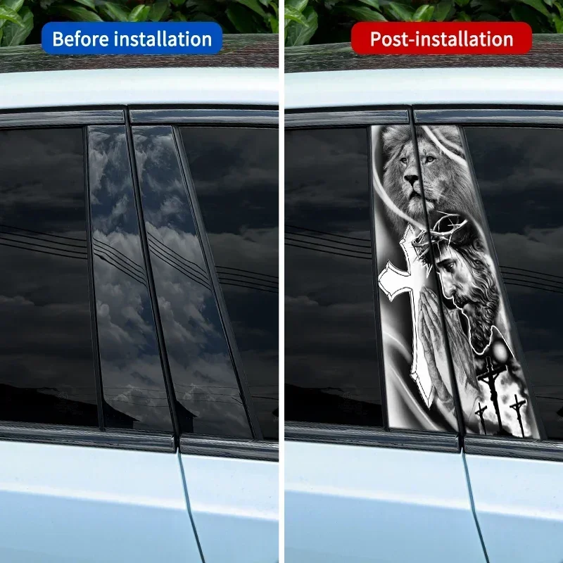 1PC Jesus and Lion Car Stickers Auto B Pillar Waterproof Center Column Decoration Cover Scratches DIY Car Doors Pillar PET Decal