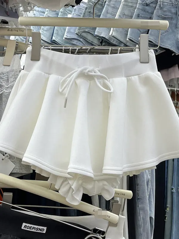 High Waist White A-Line  Skirt Women's Summer New Style Korean Sweet Match Half Body Skirt Bell Tied Design Standard Fit