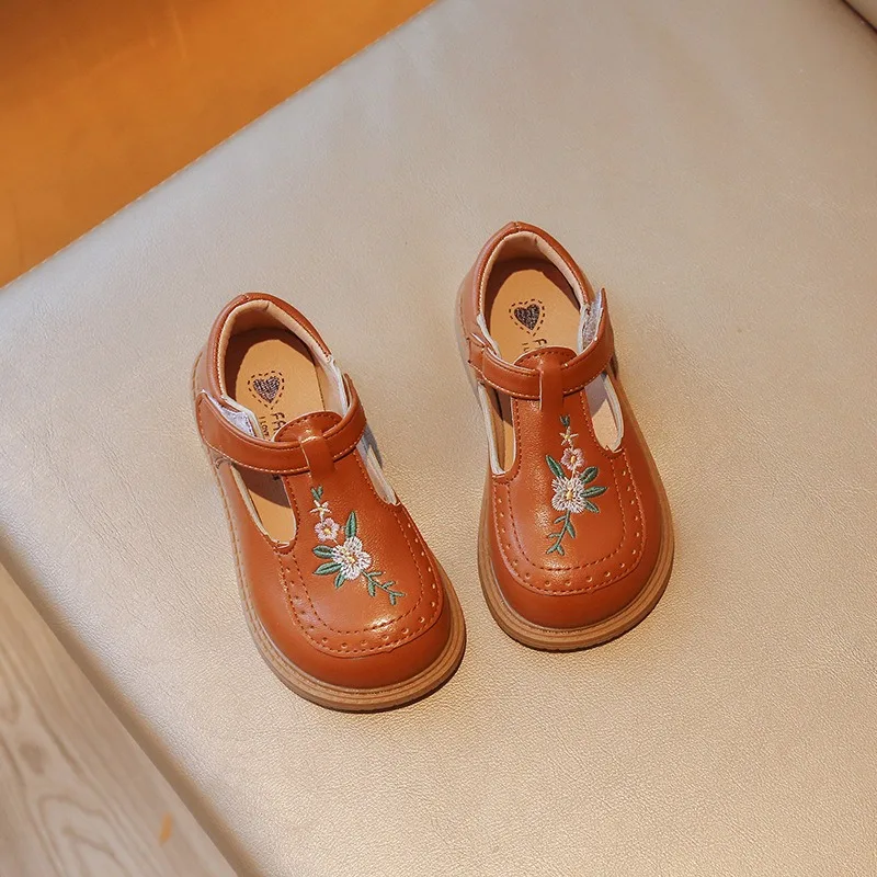 Elegant Embroidered Girls Shoes 21-35, PU Non-slip TPR Sole, Comfortable School & Casual Footwear for Spring Autumn Daily Wear