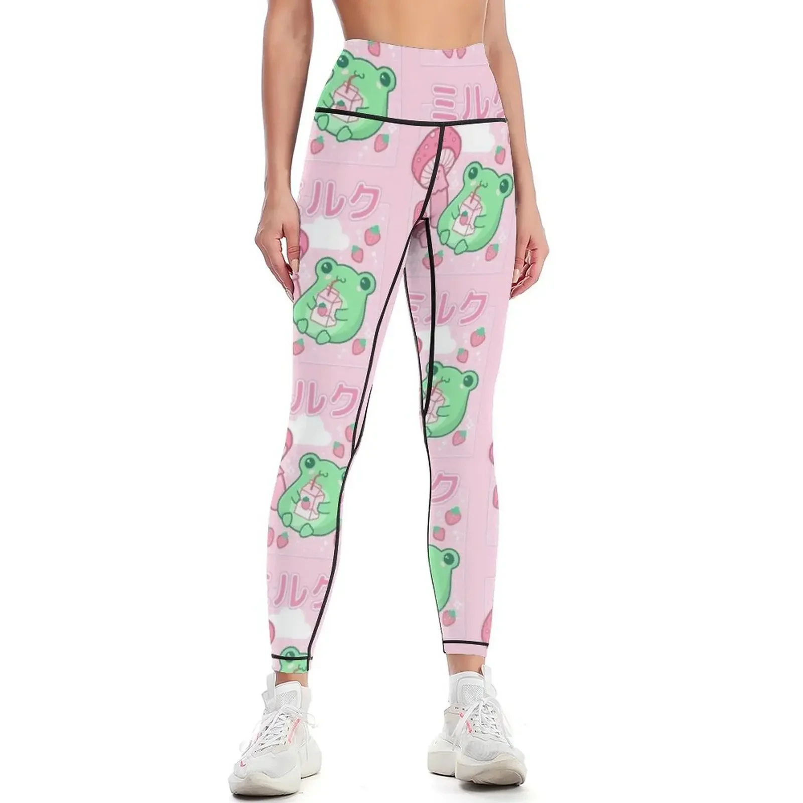 Leggings Estilo Cottagecore con Diseño de Rana y Fresa, Retro Años 90, Kawaii, Estética Y2K - Hongos Rosados Japoneses - Happy Bubble Milk Fro