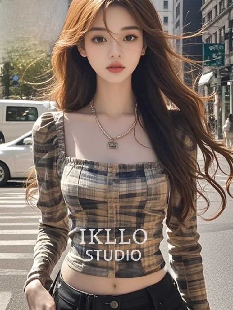 Schlankmachendes ort-Sle Retro Square-Ne Plaid irt Damen Herbst Faionable Base irt Atmungsaktives Feuchtigkeits-ng-T-Shirt