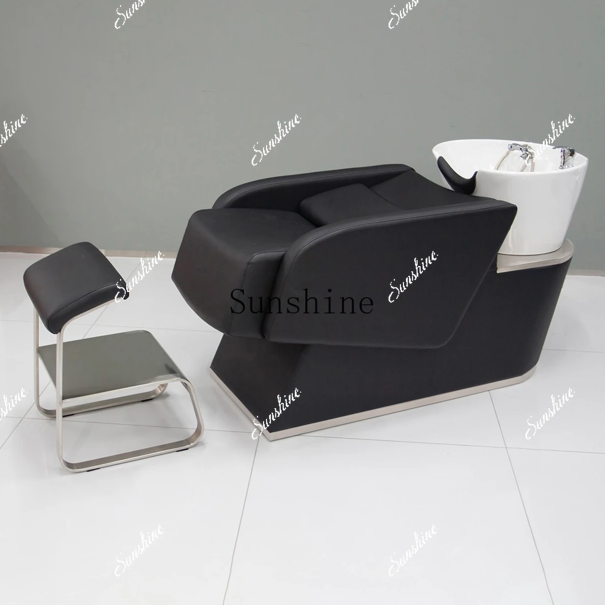 High-end barber shop hair salon special ceramic basin semi-recumbent flushing stainless steel   TF