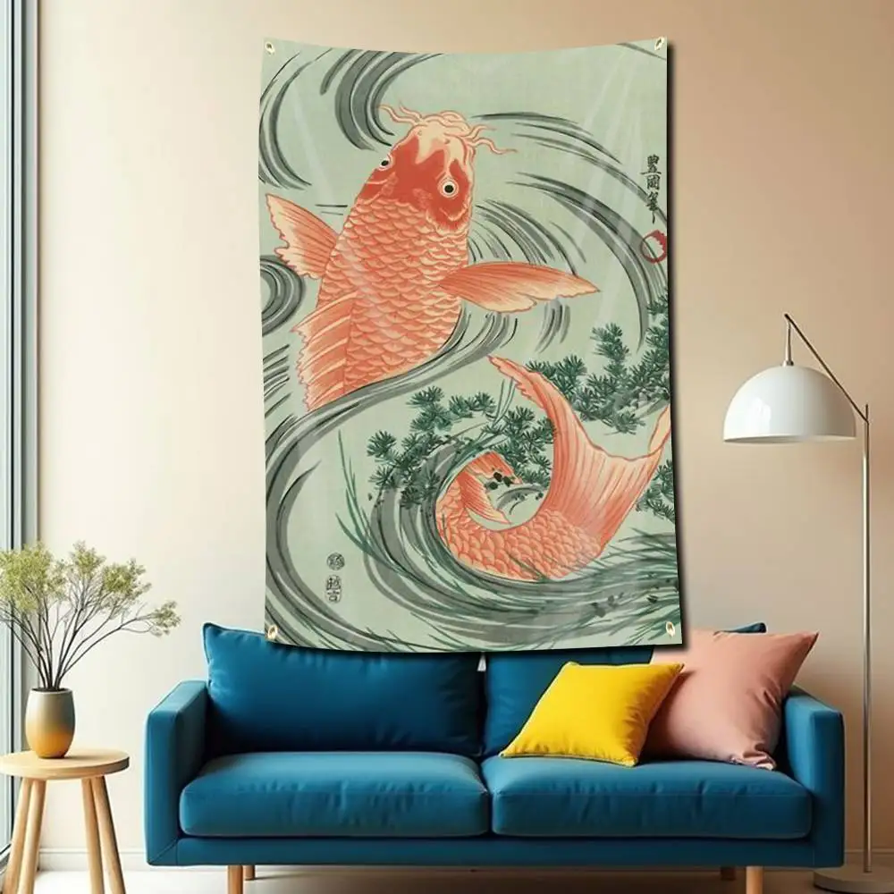 Japanese Ukiyo-style Goldfish Art  Flag Tapestry Banner for Bedroom Living Room Outdoor Camping Custom Supported