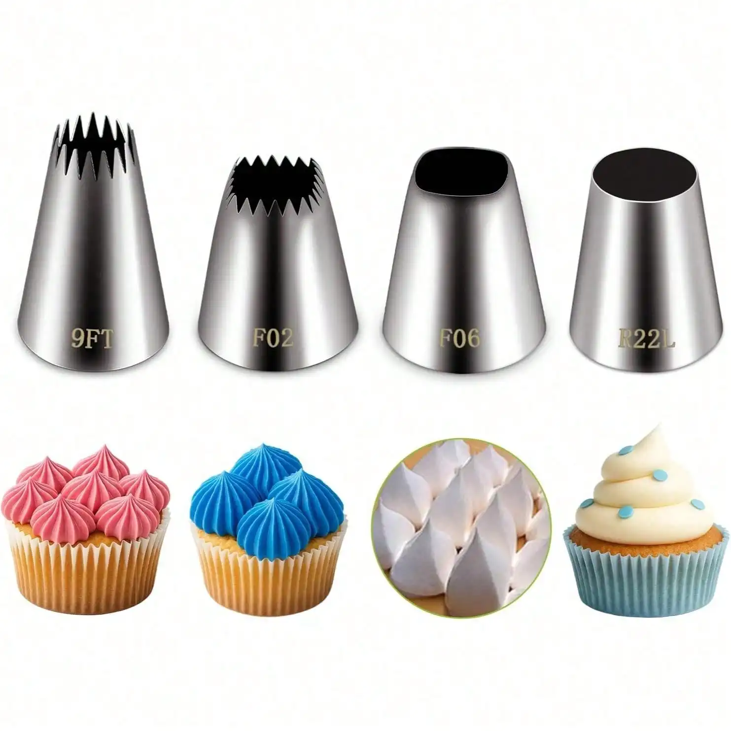 4PCS/set Extra Large Piping Tips,Stainless Steel Round Piping Tip,Large Star Square Wide Jumbo Piping,Cake Cookie Decorating
