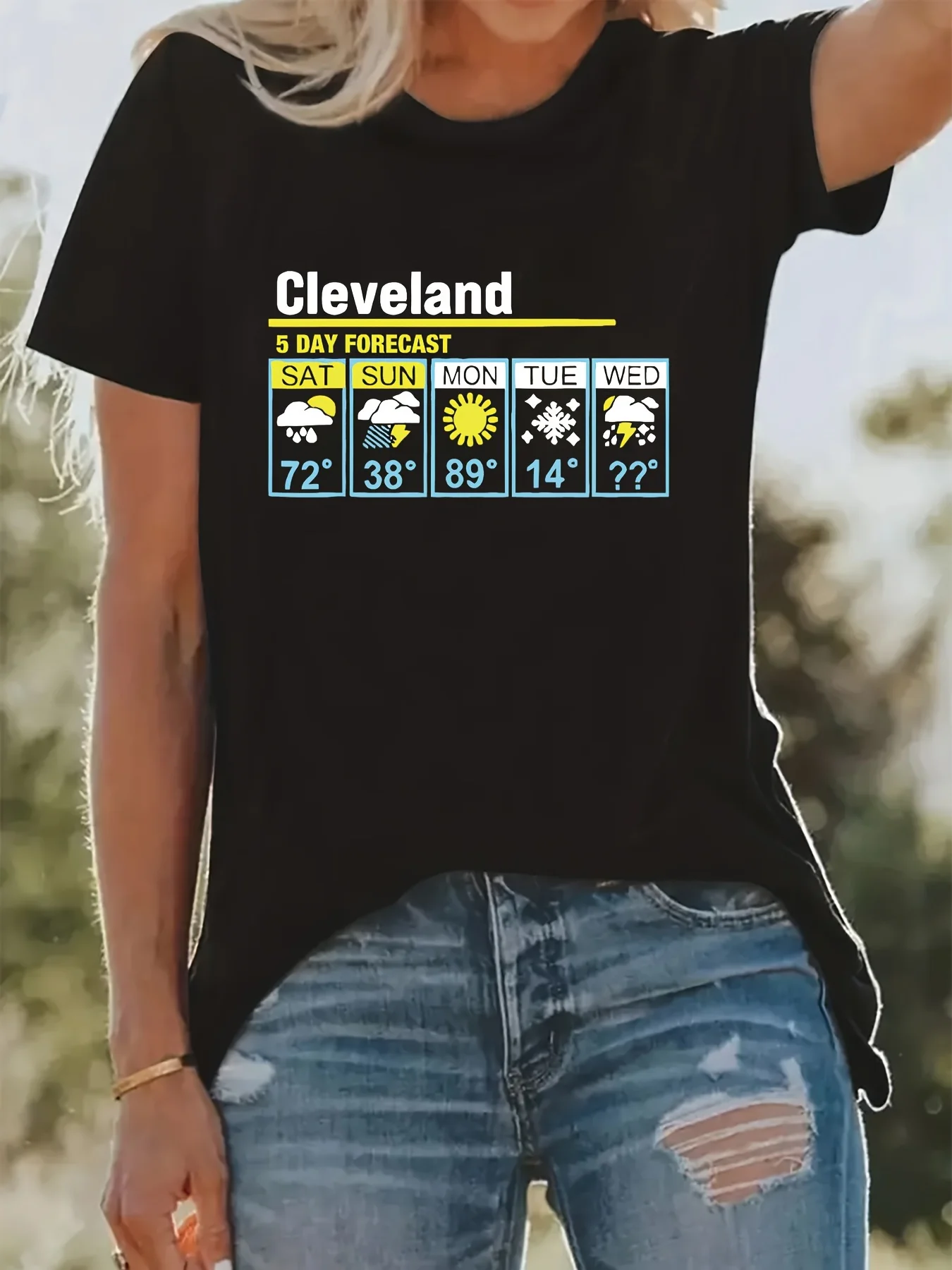 Cleveland 5 Day Forecast Print T-shirt, Short Sleeve Crew Neck Casual Top For Summer & Spring, Women's Clothing