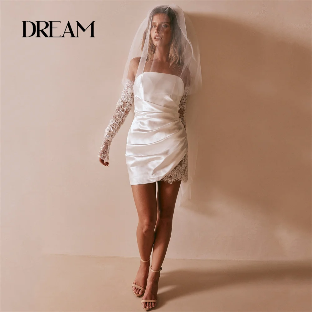 DREAM Short Pleat Wedding Dress 2025 Strapless Long Sleeve Lace Open Back Sheath Satin Bridal Gown Vestidos De Novia Customized