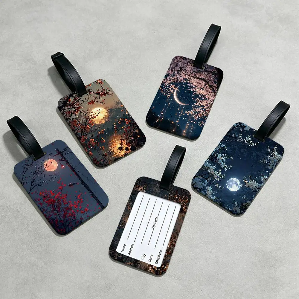 Aesthetic Moonlight Pattern PVC Luggage Tag With Information Card Anti lost Name Label For Suitcase Backpack Travel Accessory