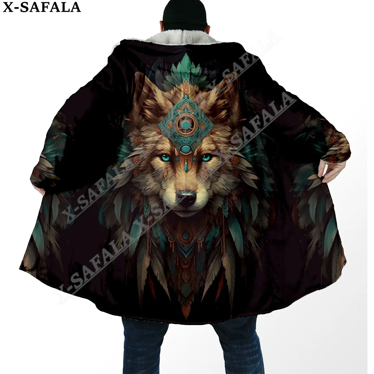 Tattoo Viking Wolf King 3D Print Dream Cloak Thick Warm Hooded Men Overcoat Coat Windproof Fleece Cape Robe Blanket-2