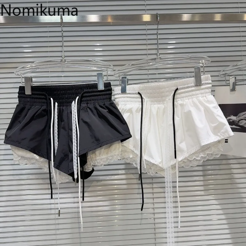 New Bottoms Korean Shorts Women High Waist Casual Patchwork Lace Wide Leg Shorts Bandage Chic Summer Pantalones Cortos De Mujer