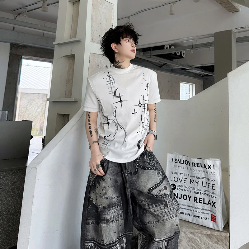 WTHT Fashion Men's Print Metal Rivets High Street T-shirts Vintage Stand Collar Slim Fit Tops Male 2026 Summer 2A3114
