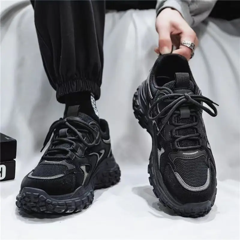 Men's Thick-soled Sports Shoes Mesh Stitching Round Toe Lace-up Thick-soled Wear-resistant Non-slip Shoes Fashion Daddy Shoes