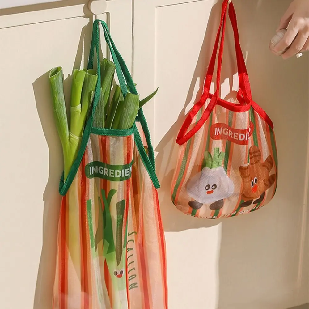 Breathable Kitchen Hanging Mesh Bag Hanging Carry Handles Fruit Vegetable Storage Net Bag Reusable Vegetable Print