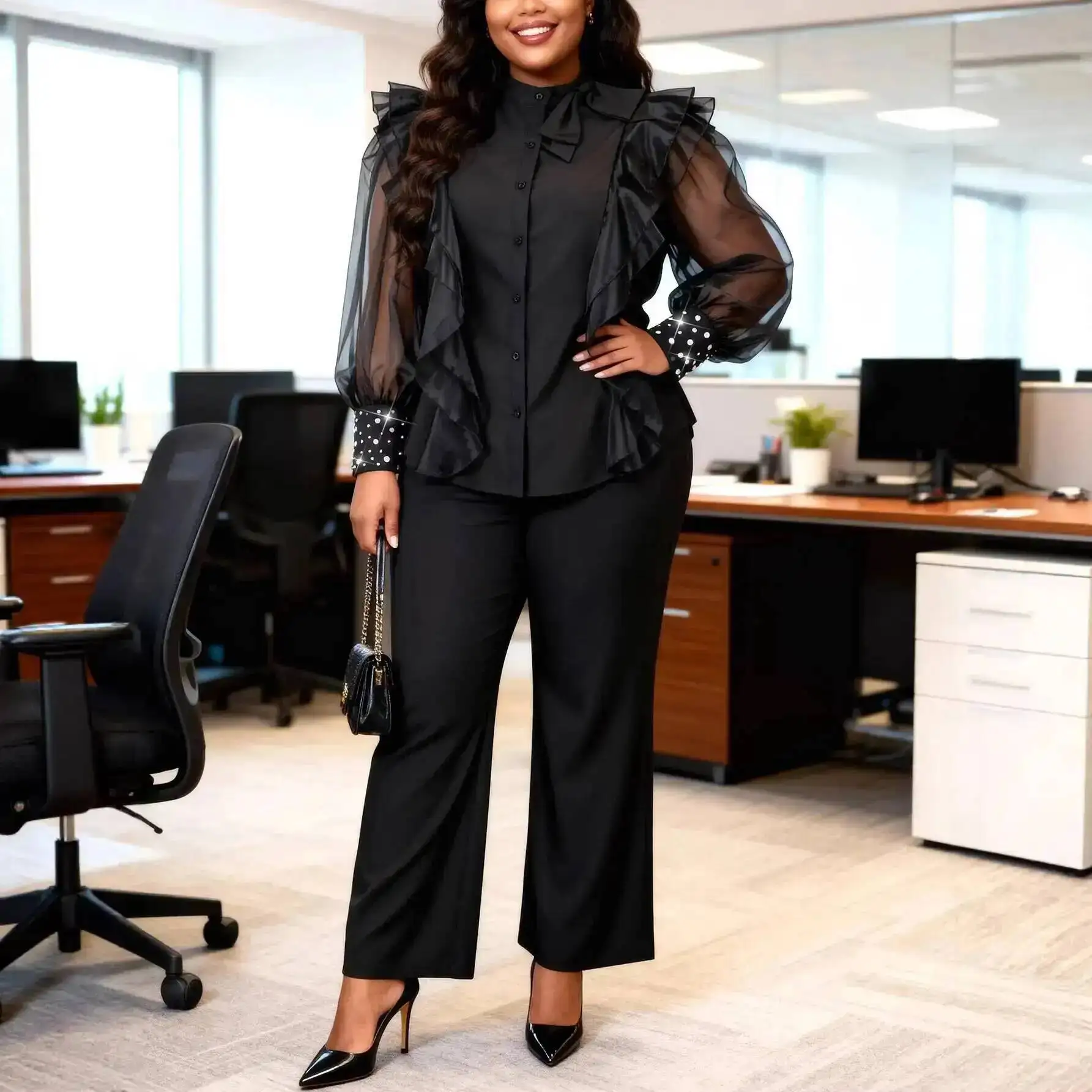 Plus-size Women's Black Sheer Ruffle Trim Set With Rhinestone Cuffs, Slimming Waist And Wide-leg Pants For Commuting Casual Y2K