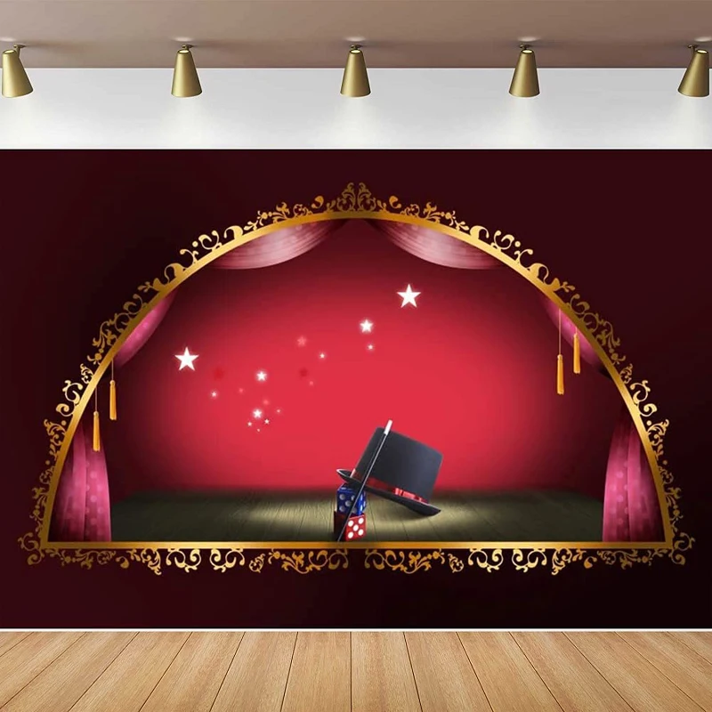 Magic Show Stage Photography Backdrop Red Curtains Black Hat Lights Wooden Floor Theater Gold Arch Background Birthday Party