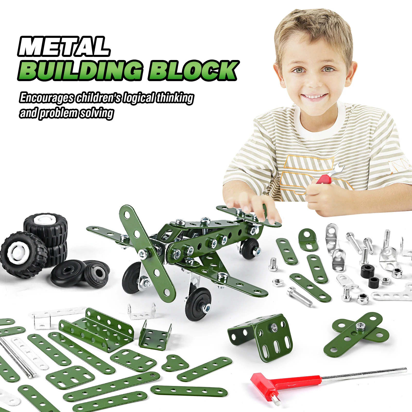 166pieces Metal Assembled Aircraft STEM Toy for Children with Screws Nuts for Disassembly DIY Assembly Building Block Model Gift