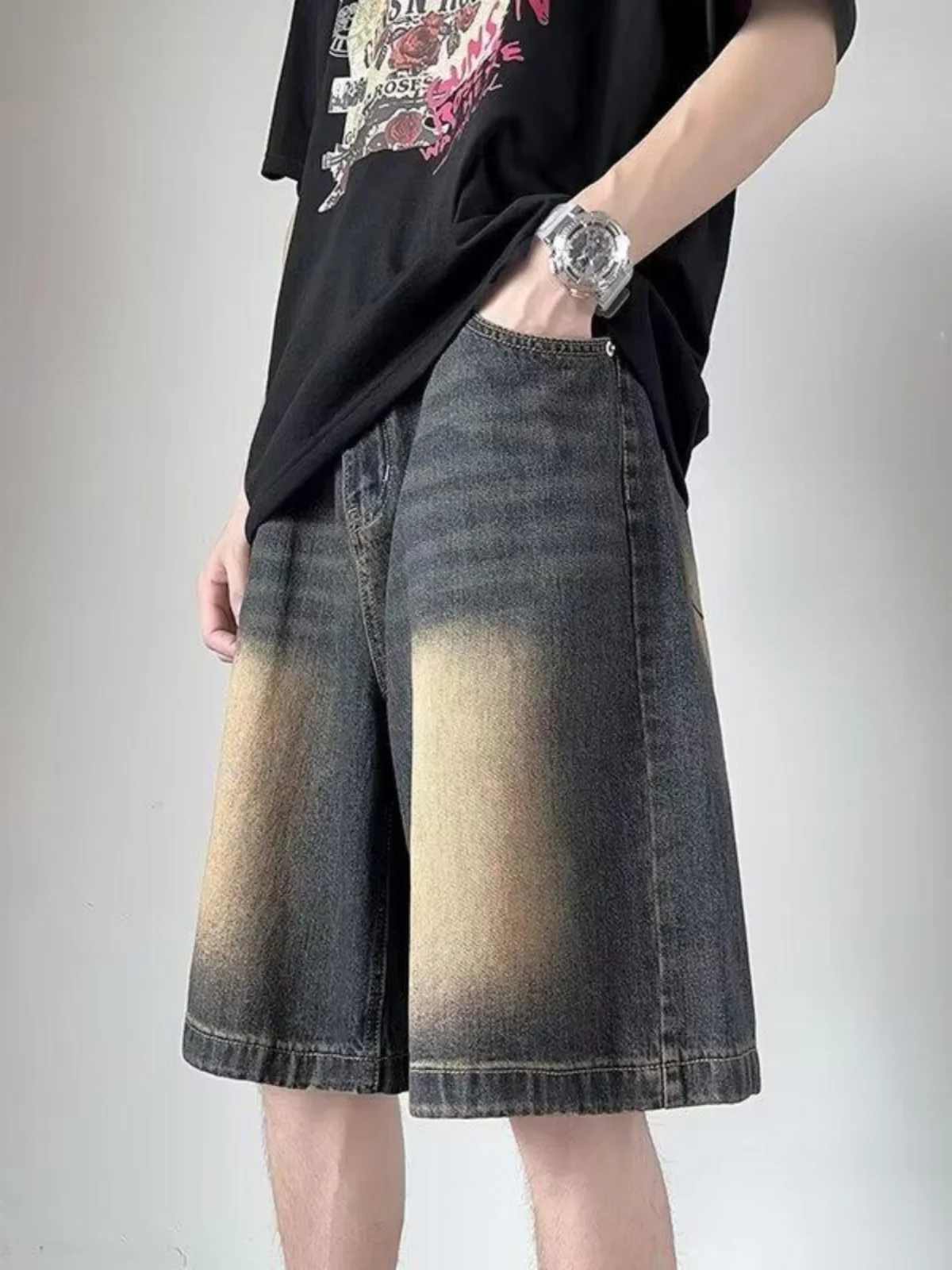 Washed Denim Shorts Men Summer Thin Loose Straight Wide Leg Mid-Pants American Trendy Brand High Street Casual Five-Point Pants
