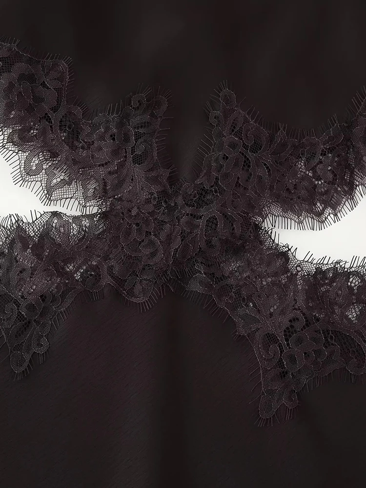 Damska Nowa Seksowna Sukienka z Satyny z Koronkowymi Wstawkami, Czarna Bez Rękawów z Dekoltem w Serek, Luźna Sukienka na Wakacje, Imprezę, do Klubu, Vestidos