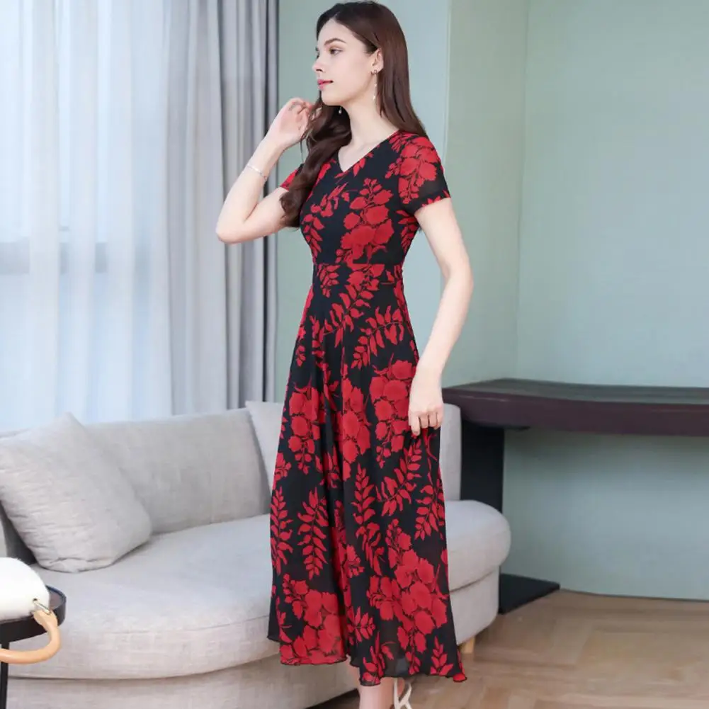 

Loose Printed Dress Elegant V-neck Midi Dress with Flowy Hem Leaf Print Office Dress Soft Lightweight Cotton Blend Party Wear