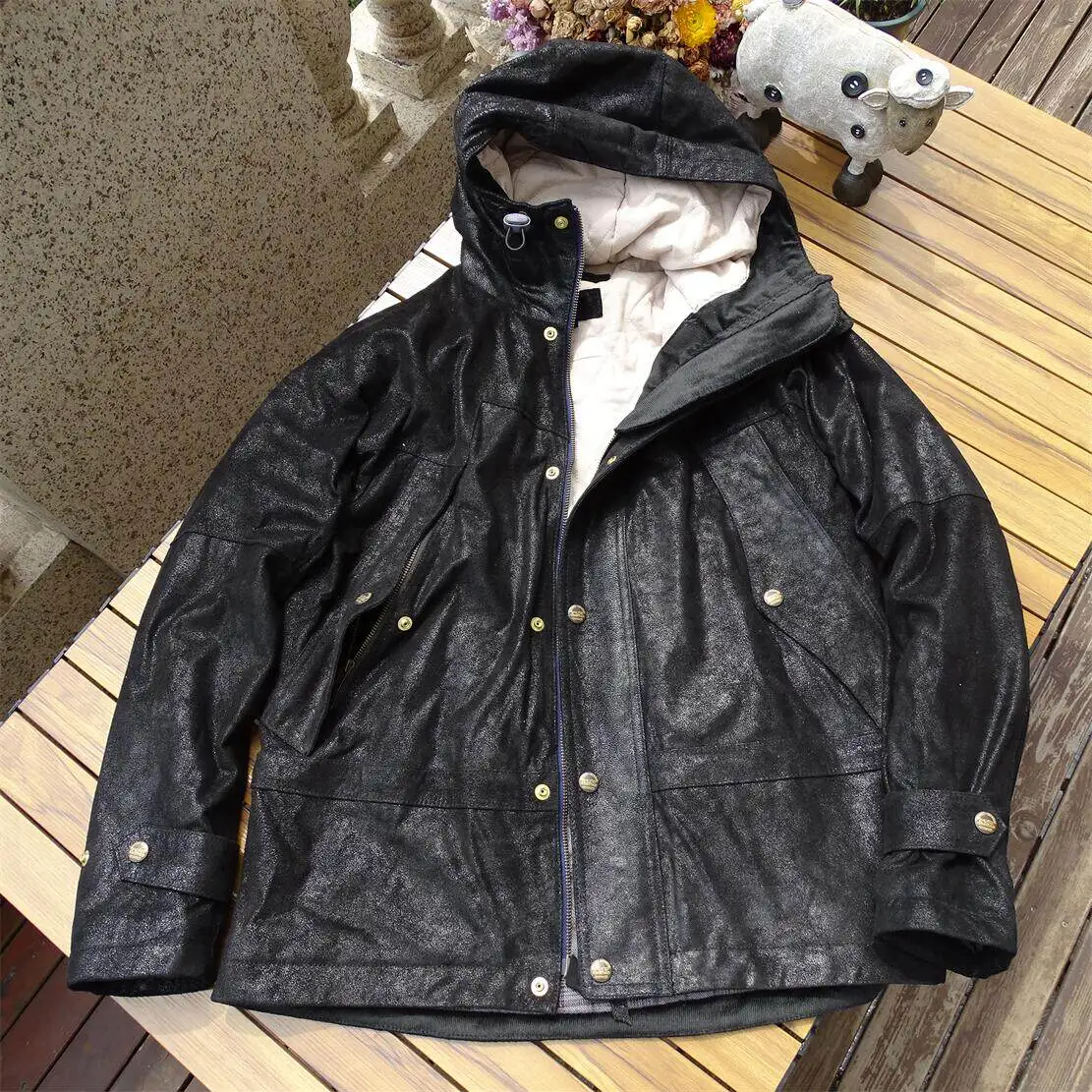 High Quality Italian-Style Hooded Glossy Closed-Nap Top-Grain Goatskin Lightweight Soft Padded Genuine Leather Jacket for Men
