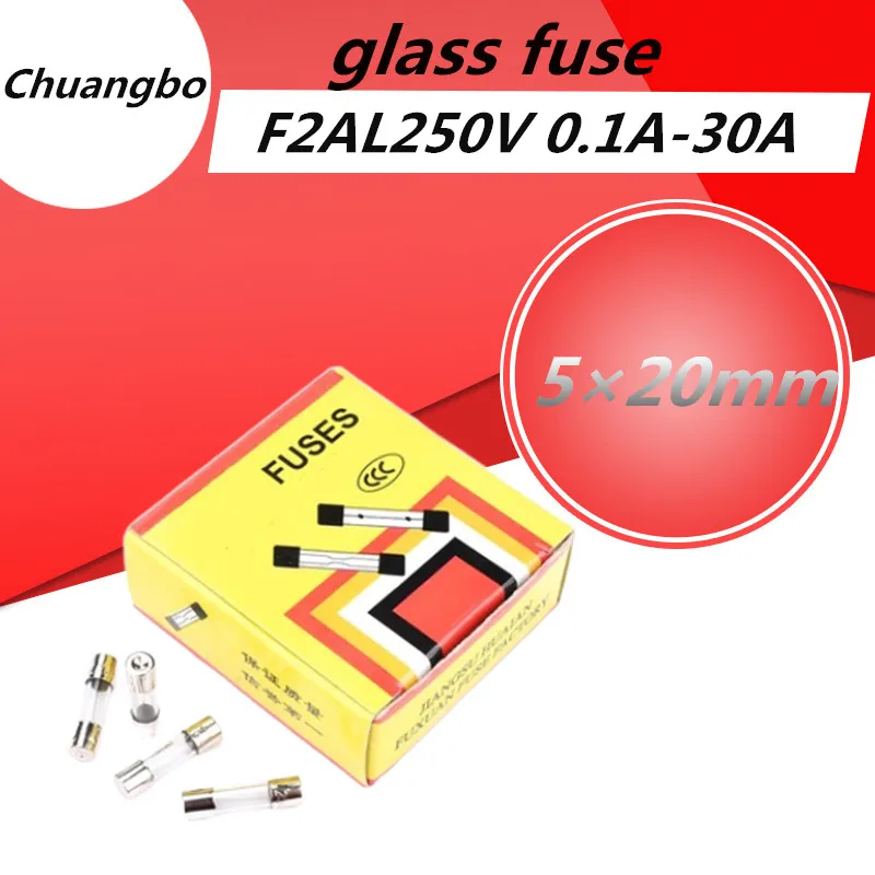 1 box 100pcs 5*20MM Glass Tube Fuse  F2AL250V 4A 5A 6A 6.3A 7A 8A 10A 12A 15A 20A 25A 30A  Fast Quick Blow Fuses