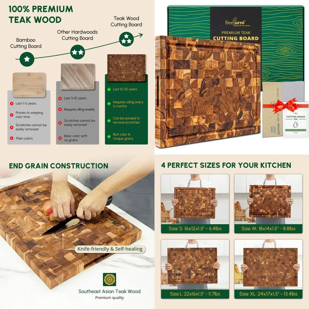 

Durable Teak Wood End Grain Cutting Board, 18x14x1.5, with Juice Groove and Hand Grip, Perfect for Kitchen, Serving, Charcuterie