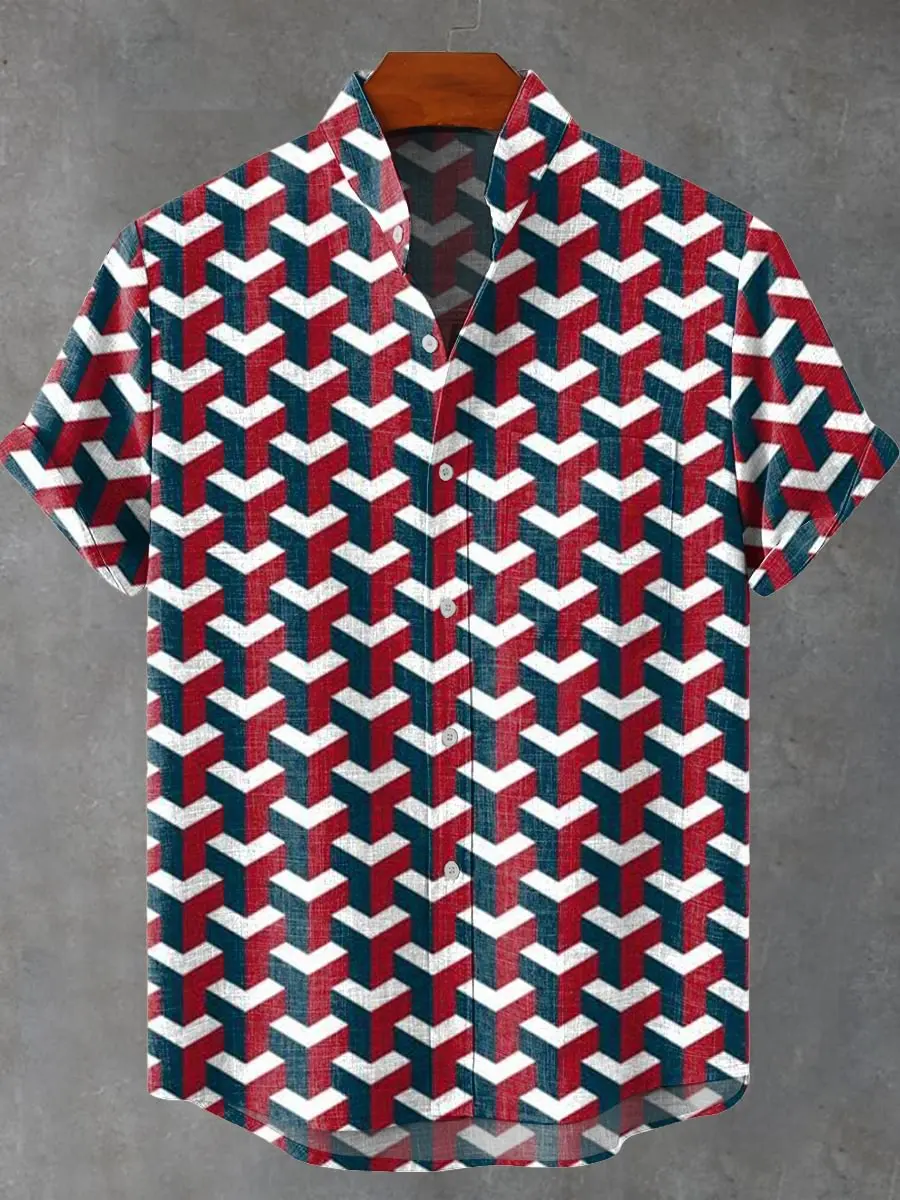 

Men's short-sleeved linen shirt, casual top, retro geometric pattern 3D print, fashion, 2025