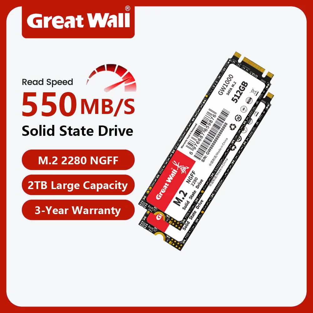 

Жесткий диск Great Wall M.2 2280 NGFF SSD 128 ГБ 256 ГБ 512 ГБ 1 ТБ 2 ТБ Твердотельные накопители 540 МП/с M2 SATA для настольных ПК, ноутбуков