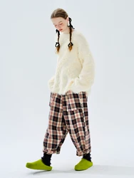 IMAKOKONI original design elastic waist red plaid cropped pants straight leg pocket slacks 234354