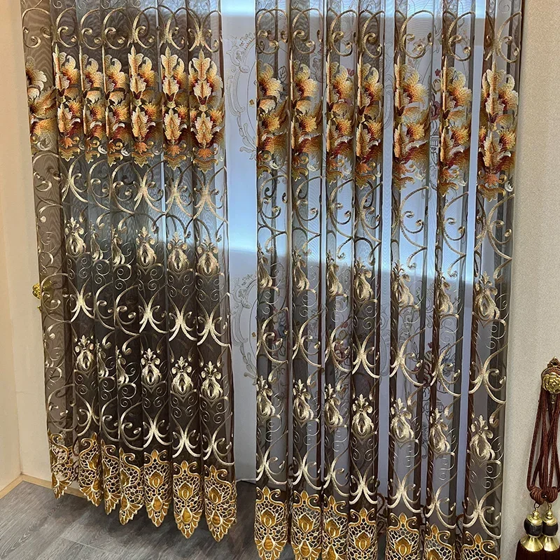 European Style Embroidery Tulle Gold Coffee Sheer Luxurycurtains For Living Room Bedroom Dining Window Elegant Custom Size