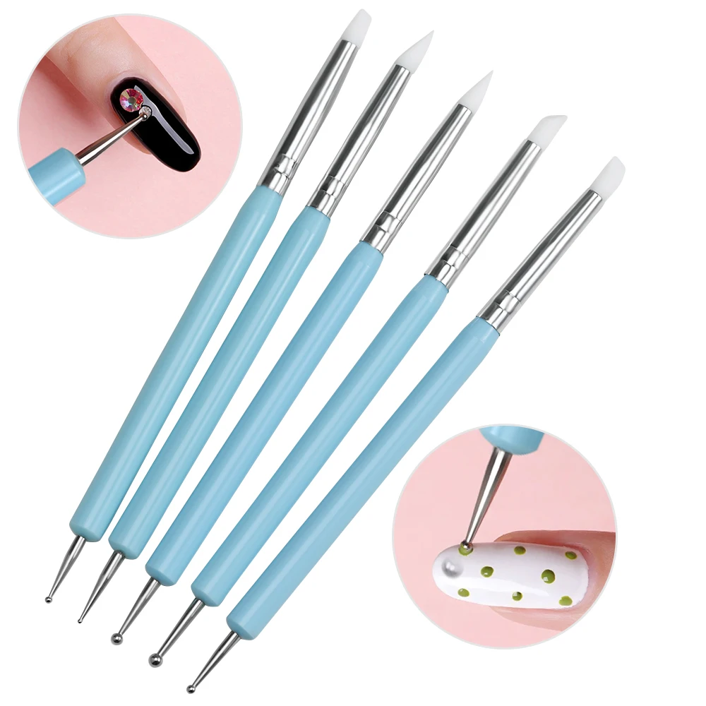 5Pcs/Set Dual-Head Carving Nail Art Silicone Brush Professional Embossing Nails Painting Dotting Pen Sculpting Drawing DIY Tools