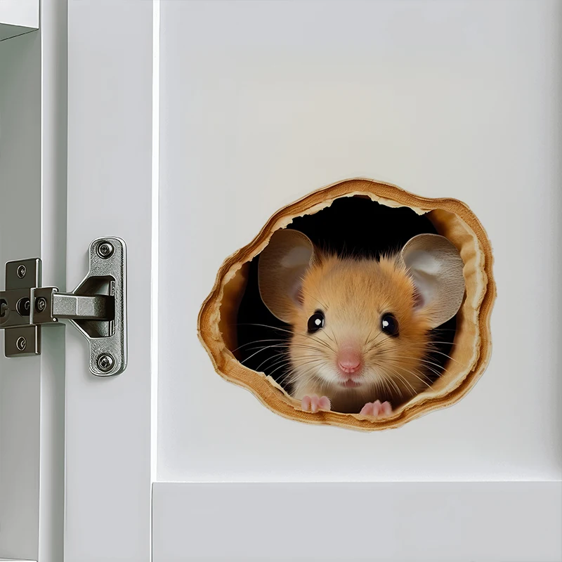 Interesting Mouse in Hole Sticker, Water-proof Home Wall Decal, Used for Wall, Bathroom, Cabinet, Door,Toilet, Car, Laptop