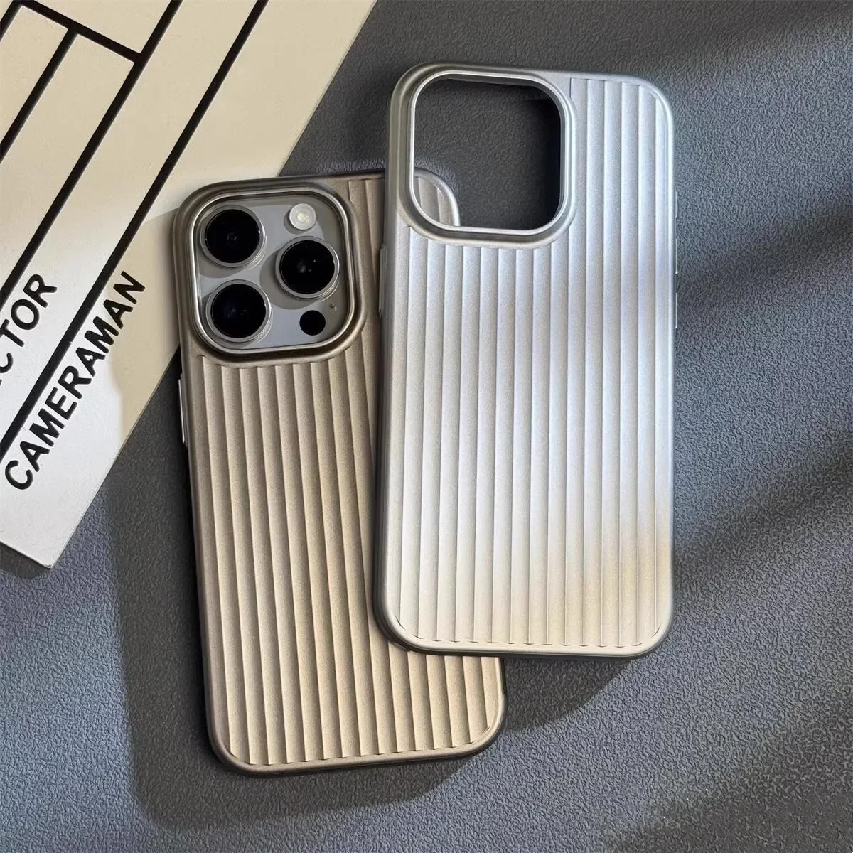 Luxury Natural Titanium PC Case for iPhone 16 15 14 13 Pro Max Plus Electroplated Grating Corrugated Hard Back Cover