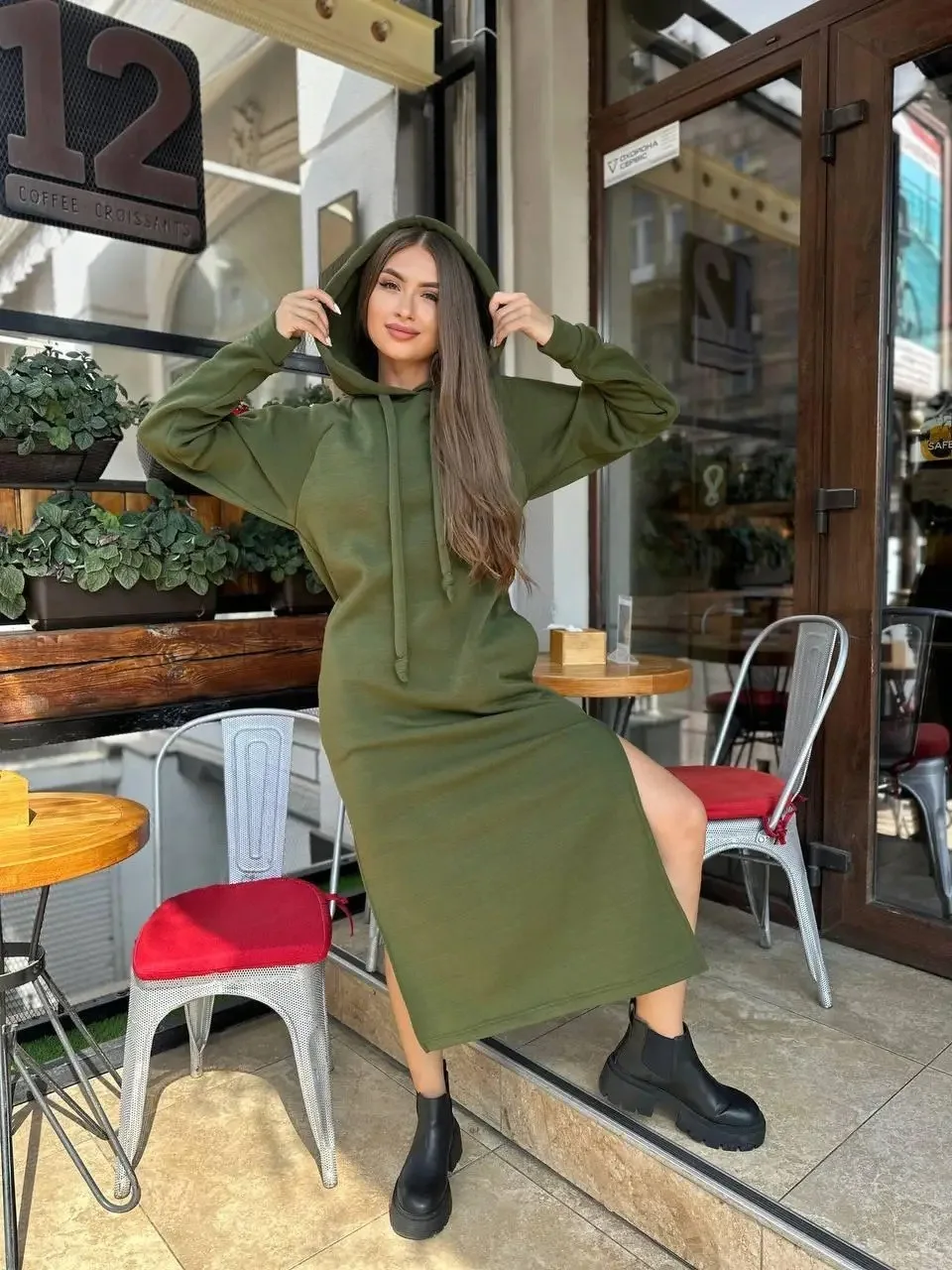 Women Casual Long Sweatshirt Dress Drawstring Hood Long Sleeve Side Split Hem Dress