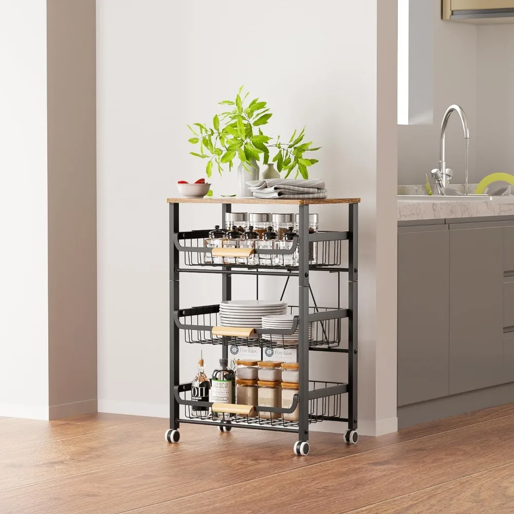 4-Layer Fruit and Trolleys Basket Kitchen Food Organizer, Stackable Storage Cart with Desktop, Kitchen Islands and Trolleys