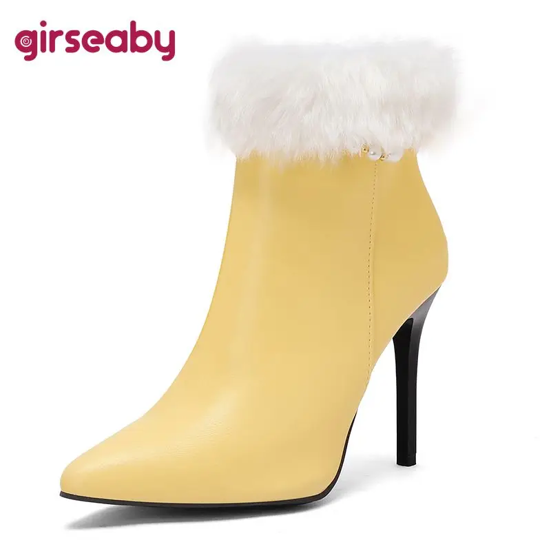 

Girseaby Дизайнерские женские короткие сапоги с острым носком на сверхвысоком каблуке 10 см с боковой молнией Свадебные ботильоны Большой размер 42,45,47 Черный