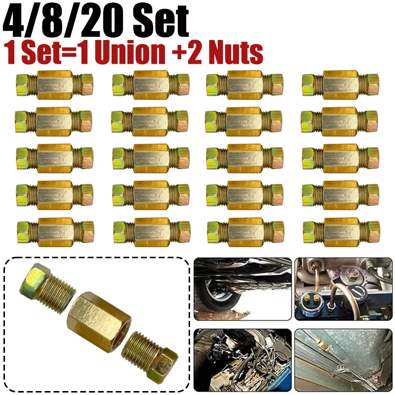 

4/8/20 Sets Auto Brake Line Connector 3/8-24 Threaded Brake Hose Fittings & Brass Unions Nuts Adapter For 3/16" Brake Tube Pipe