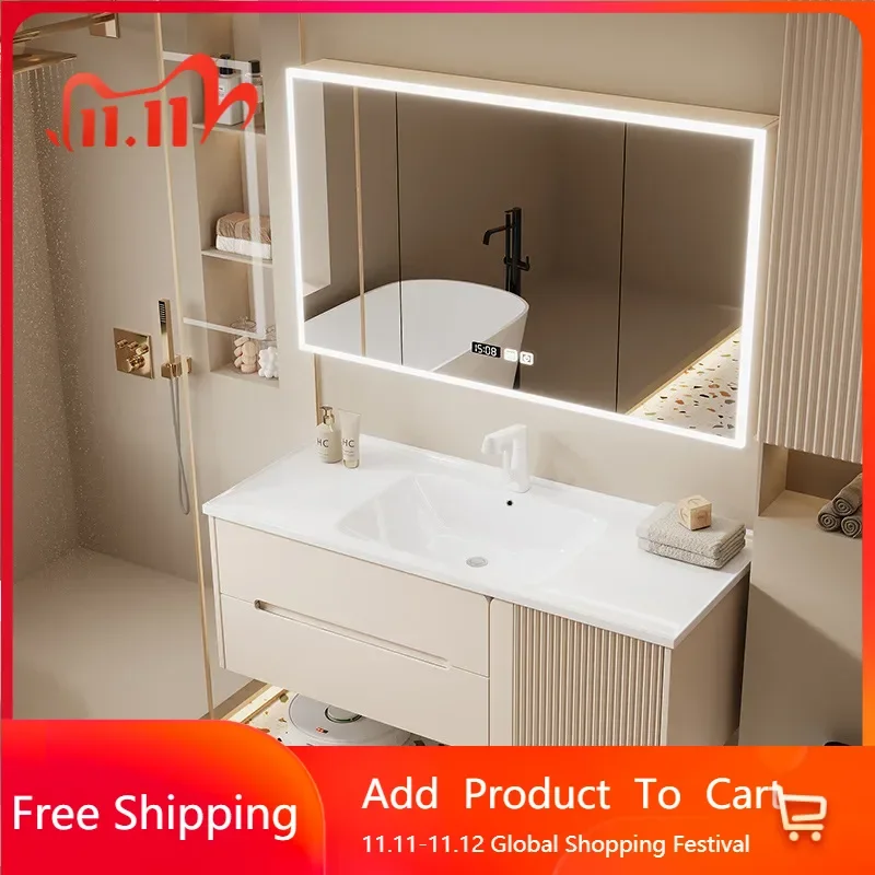 

French Smart Bathroom Cabinets Ceramic Integrated Washbasin Solid Wood Bathroom Vanity Cabinet with Sink Bathroom Furniture