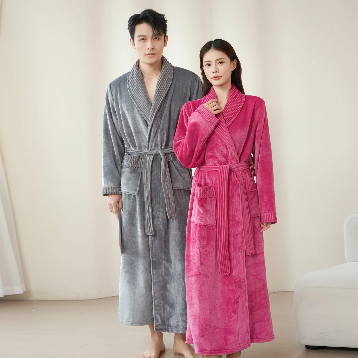 Autumn Winter Coral Fleece Sleepwear Thicken Warm Flannel Couple's Long Robe Men's Kimono Bathrobe Gown Home Clothes Lounge Wear