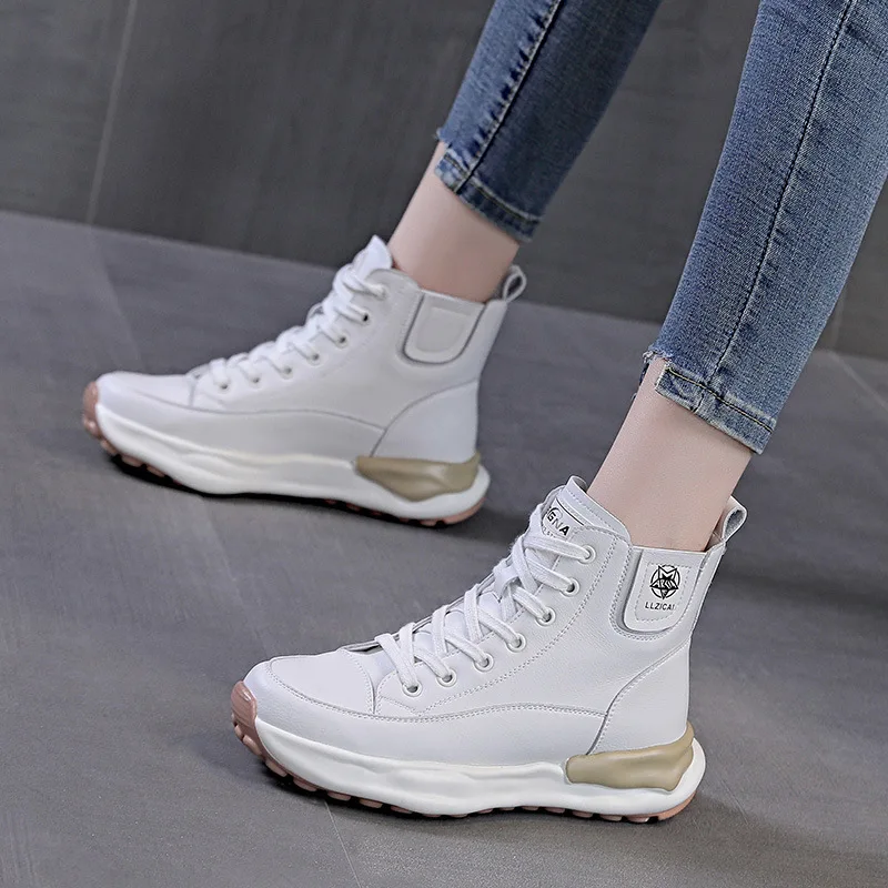 Snow Boots Height White Sneaker Increase Shoes Platform Boot Genuine Leather Shoe Spring Women Winter High Top Plush Thick Soles