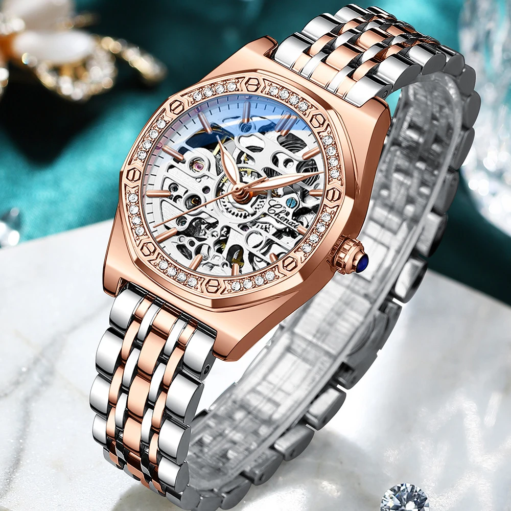 CHENXI Watch for Women Automatic Mechanical Watch Hollow Diamond Dial Luminous and Waterproof Luxury Stainless Steel Women Watch