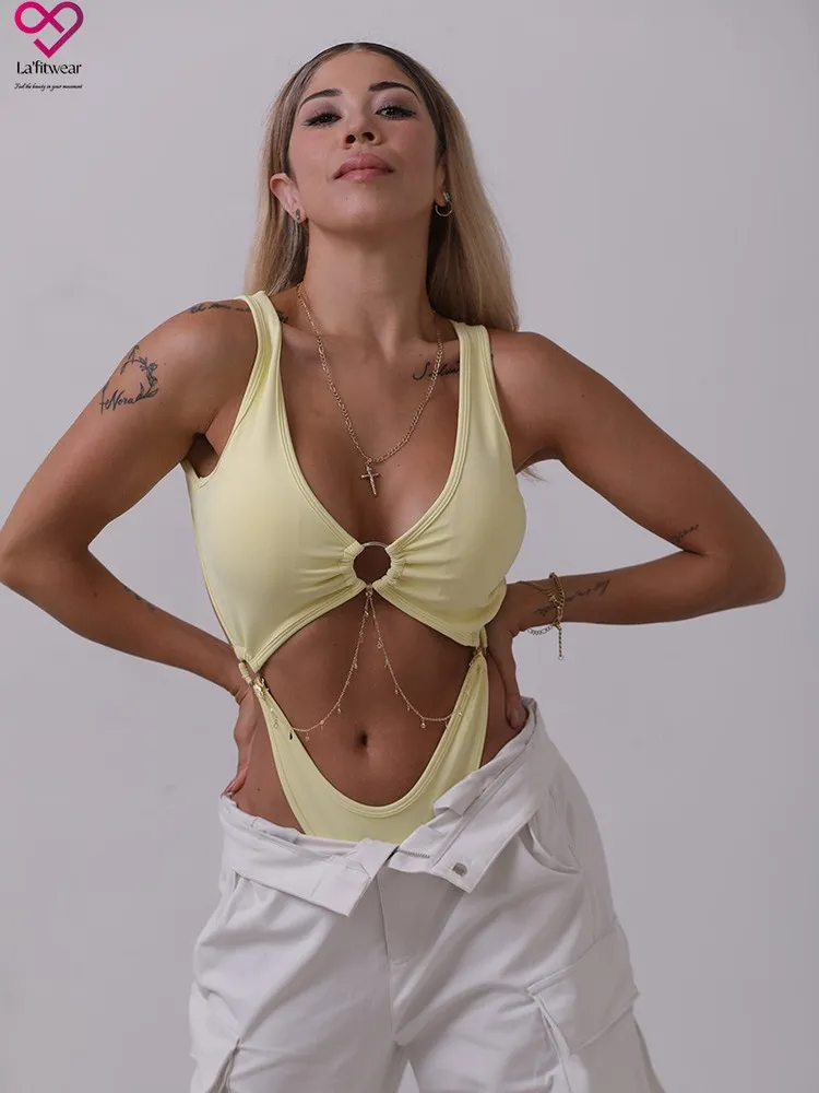 Lafitwear Original Three-Ring One-Piece Suit Sexy Spicy Girl Chain High Waist Street Style Short Pants Sexy Hollow out Design
