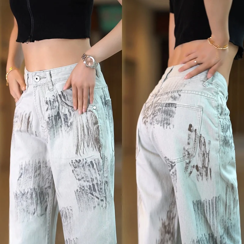 

Мужские джинсы премиум-класса из чистого хлопка, свободного кроя, прямые штанины, с эффектом выцветания, в уличном стиле, модные длинные брюки для повседневной носки